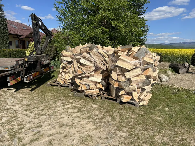 Hromada štiepaného bukového dreva pripravená na rozvoz